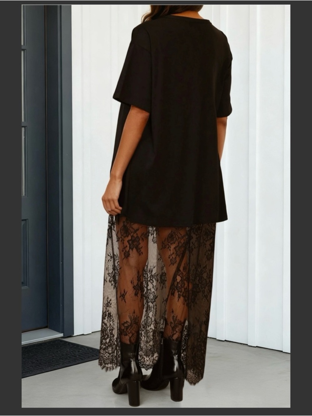 Beautiful comfy black dress with lace on the bottom. Super elegant and classy